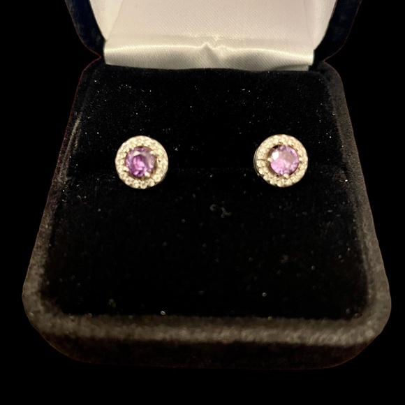 Diamonique Jewelry - Epiphany platinum clad Diamonique halo earrings light purple stones.